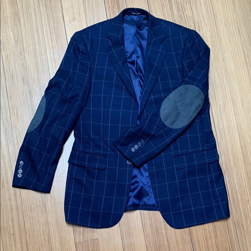 Alan Flusser Navy Windowpane Checkered Blazer size 38R with Grey Elbow Patches